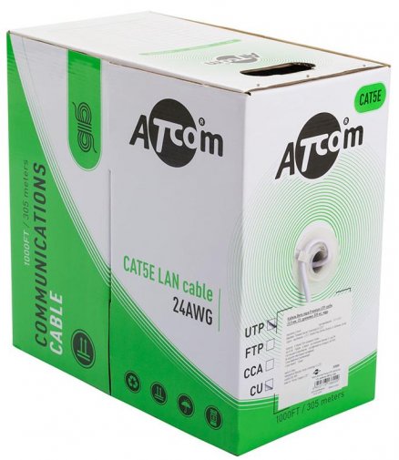 Кабель LAN ATcom Standard UTP cat5e 2 пари/неекранований/біметал/внутрішній (4х2х0,5) PVC, бухта 305